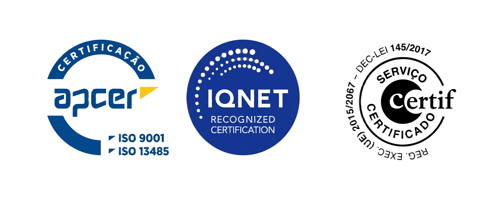 Certificações APCER ISO 9001, ISO 13485, IQNet e Certif (DEC-LEI 145/2017)